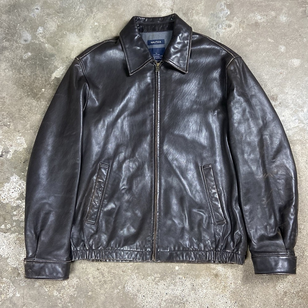 Vintage Nautica Leather Jacket Size Large Brown Full Zip Bomber Outdoor Wear